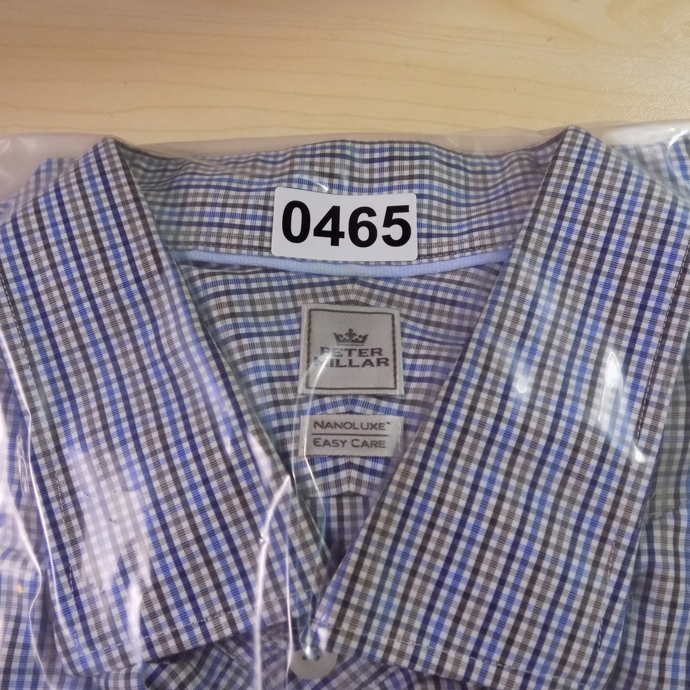 Peter Millar Nanoluxe Shirt Mens 17.5 Blue Brown Check Extra Long Button-Down - Picture 9 of 9